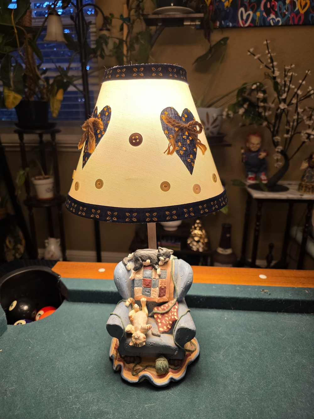 Vintage Blue & Cream Cat Accent Lantern Lamp with Heart Motif
